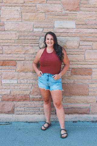 high rise shorts, ripped denim