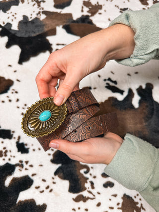 embossed leather belt, turquoise accents, women's accessories 