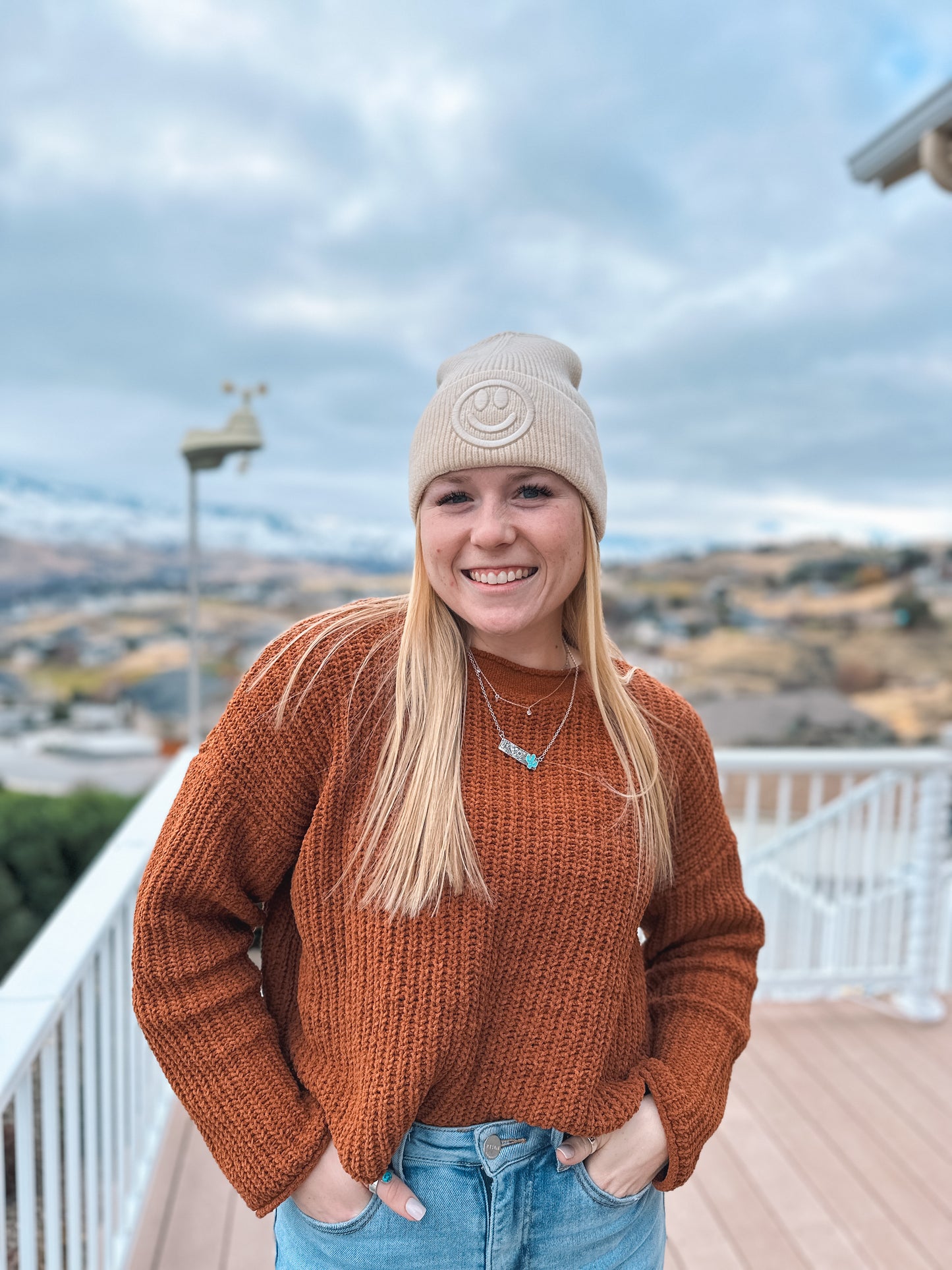 Smiley embroidered beanie hat