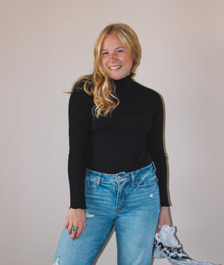 black turtle neck, ribbed long sleeve 