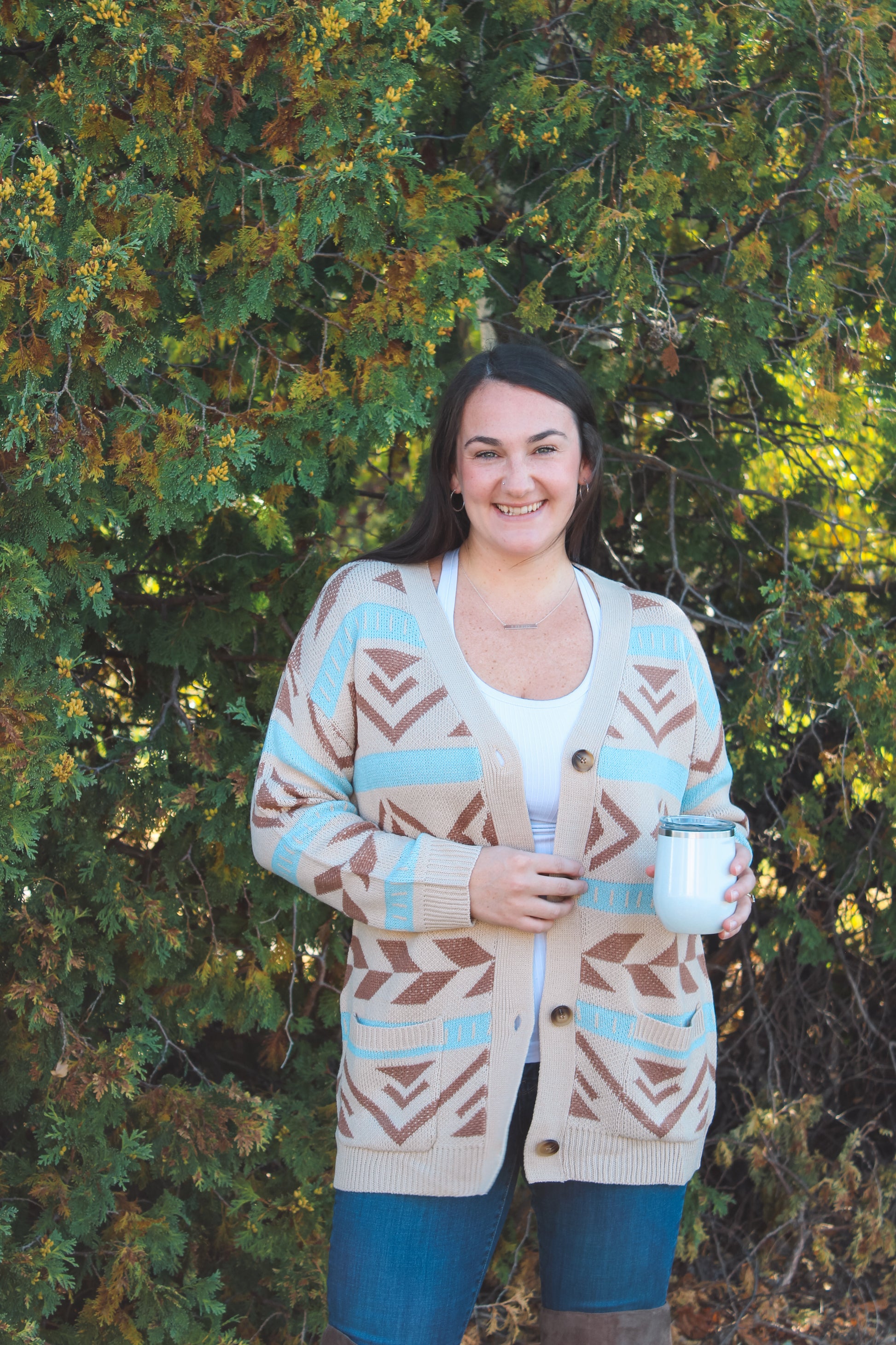 wearing boho western cardigan with cute wine tumbler